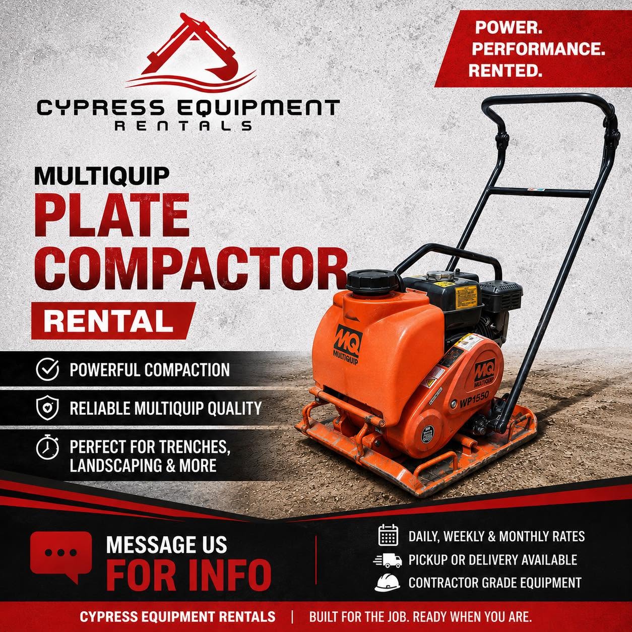 Cypress Equipment Rentals flier for a Multiquip plate compactor